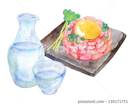 Watercolor illustration: Cold sake and Yukhoe 130171751