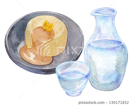 水彩插圖：蒸蘿蔔和冷酒 130171852