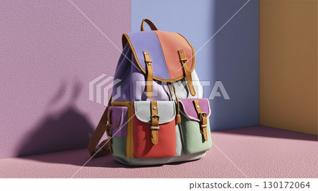 Isolated colorful backpack looks vibrant on pastel backdrop, exuding adventurous vibes and readiness for exploration 130172064