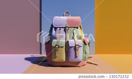 Colorful backpack on pastel background looks fun and inviting, perfect for stylish adventure, it makes me want to travel 130172232