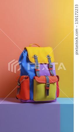 Colorful backpack sits cheerfully against vibrant, pastel backdrop, radiating optimism and youthful energy 130172233