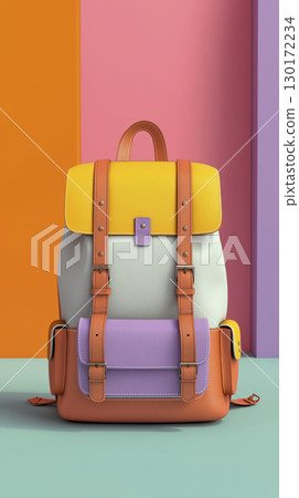 Colorful backpack isolated on pastel backdrop, it looks stylish and new, ready for adventures and school days 130172234