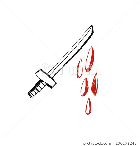 Hand drawn knife with dripping blood in doodle sketch style for halloween horror scary stories gothic design and spooky decoration projects 130172243