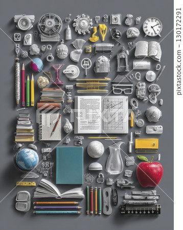 Creative collage of education icons and tool creates sense of knowledge and eagerness to learn from books and equipment Creative collage of education icons and tool creates sense of knowledge and eagerness to learn from books and equipment 130172291