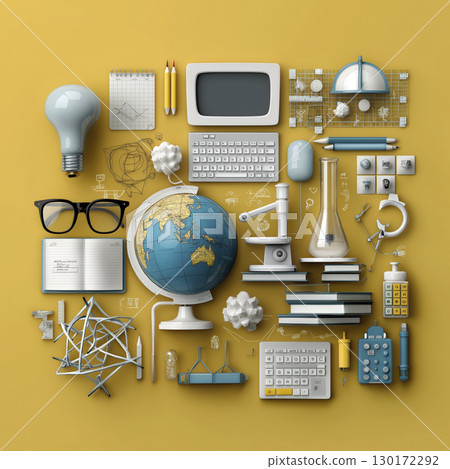 Educational tools are neatly organized and inspire sense of curiosity and eagerness for learning new knowledge 130172292