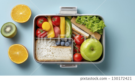 Healthy food arranged beautifully in lunchbox, presenting delightful and nourishing meal, filling with happiness and energy 130172421