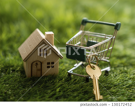 Small wooden house with pitched roof and window details placed green grass, next to miniature shopping cart with key attached, symbolizing home ownership or real estate investment, with blurred 130172452