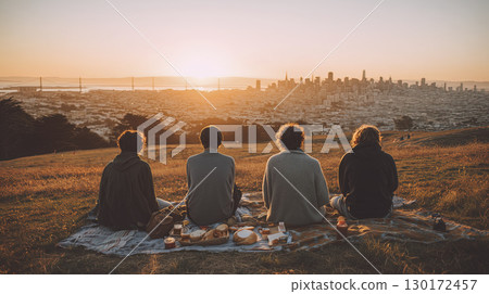 Peaceful moment shared by group of four friends sitting on blanket on grassy hillside. Facing away, they watch serene sunset over city skyline, enjoying quiet contemplation outdoors together 130172457