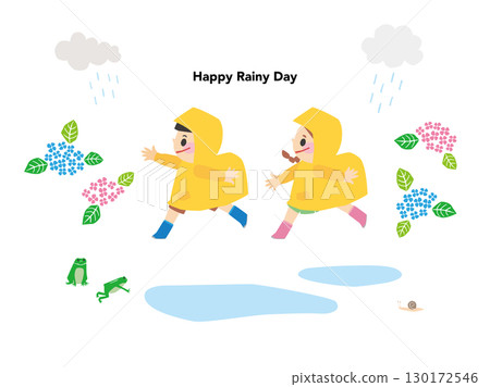 Illustration of children wearing raincoats on a rainy day and hydrangeas Illustration of children wearing raincoats on a rainy day and hydrangeas 130172546