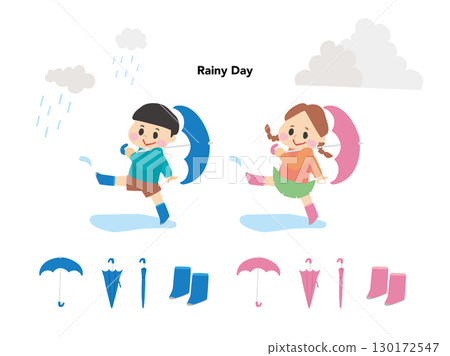 孩子們在下雨天精力充沛地行走 130172547