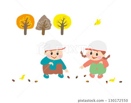 孩子們在秋季公園玩耍和採摘橡子 孩子們在秋季公園玩耍和採摘橡子 130172550
