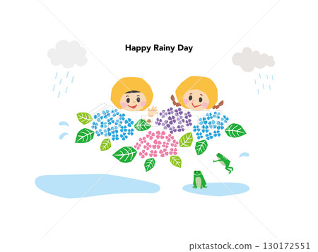 Illustration of children wearing raincoats on a rainy day Illustration of children wearing raincoats on a rainy day 130172551
