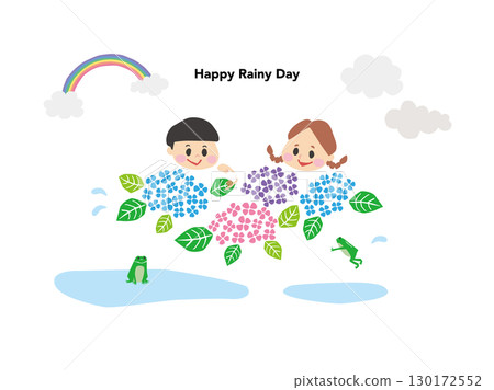 孩子們在下雨天欣賞繡球花的插圖 孩子們在下雨天欣賞繡球花的插圖 130172552