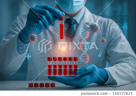 AI generated conceptual biotechnology image showing scientist holding blood test tube with DNA and medical hologram symbols representing genetics research and future medical innovation 130172625