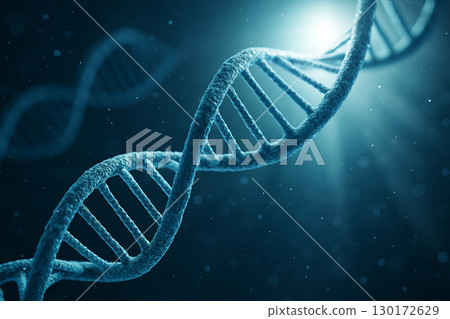 AI generated conceptual image of detailed DNA double helix illuminated with bright blue silver light symbolizing genetics biotechnology medical research life science discovery and future innovation 130172629