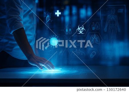 AI generated futuristic concept of a person interacting with glowing holographic medical interface displaying dna molecules biohazard human anatomy and digital healthcare symbols in blue light 130172640