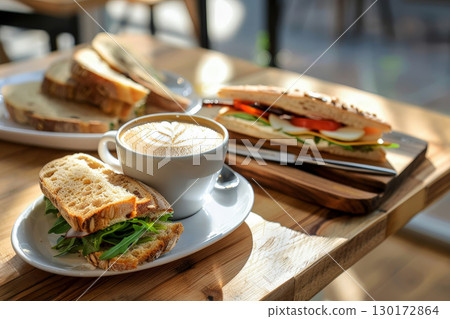 a coffee and sandwiches on morning breakfast. ai generative 130172864