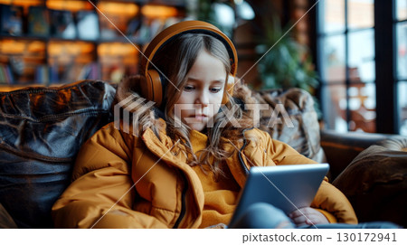 a child with headphones online learning in home . generative AI 130172941