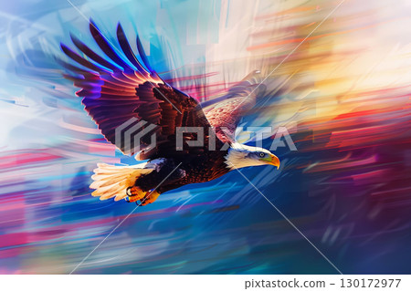 A large American eagle is flying through the air with its wings spread wide. ai generative A large American eagle is flying through the air with its wings spread wide. ai generative 130172977