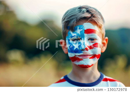 American flag-inspired face paint on children's cheeks, Independence Day, bokeh Generative AI 130172978