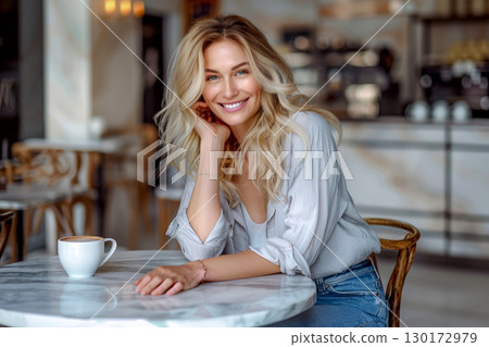 a woman with a white coffee mug in a modern coffee shop , Generative AI. 130172979