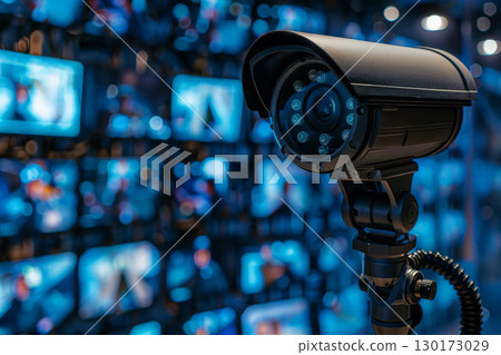 cctv security camera system with motion detection and face recognition surveillance technology concept.ai generative 130173029
