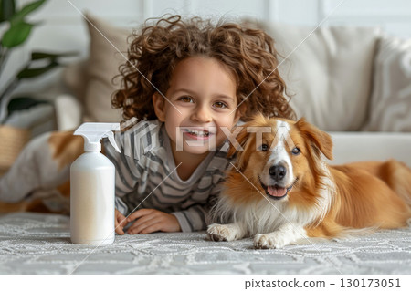 Cleaner spray bottle with a happy kid and dog. healthy hygiene concept. ai generative Cleaner spray bottle with a happy kid and dog. healthy hygiene concept. ai generative 130173051