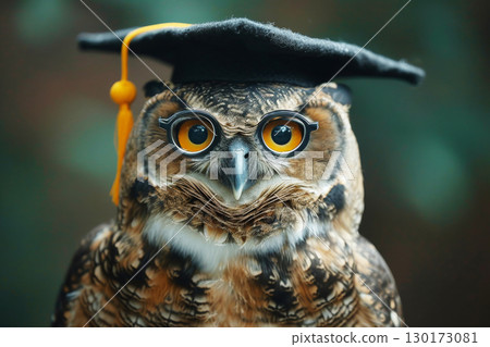 Wise owl wearing graduation cap and glasses against a stack of books on a table in a library among the shelves, Generative AI 130173081