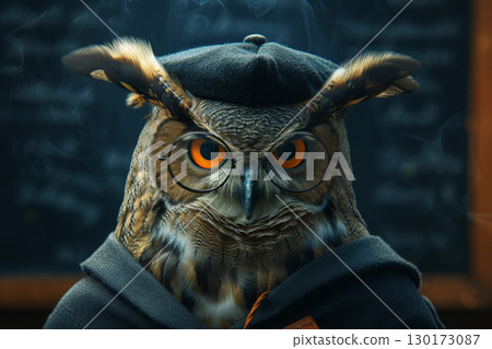 Wise owl wearing graduation cap and glasses against a stack of books on a table in a library among the shelves, Generative AI 130173087