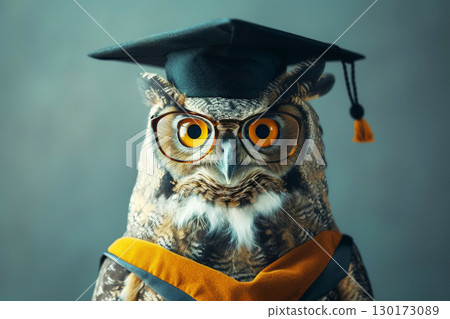 Wise owl wearing graduation cap and glasses against a stack of books on a table in a library among the shelves, Generative AI 130173089