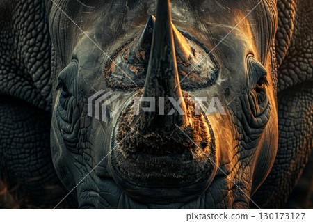 White huge wild rhinoceros standing on the savanna. AI generative 130173127