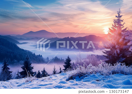 Winter landscape with hoarfrost-covered trees and a misty sunrise.ai generative 130173147
