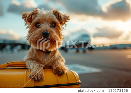 Traveling with dogs on vacation Adorable terrier in a luggage. Generative Ai 130173166