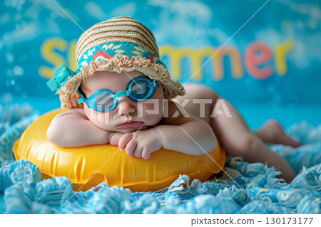 summer vacation concept . Happy baby playing in swimming ring . Generative Ai summer vacation concept . Happy baby playing in swimming ring . Generative Ai 130173177