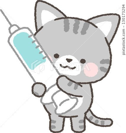 鯖魚虎斑貓拿著注射器 鯖魚虎斑貓拿著注射器 130173294