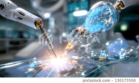 High-tech 3D render of a robotic surgery arm working in a sterile medical environment. Ideal for health tech and medical content. 130173508