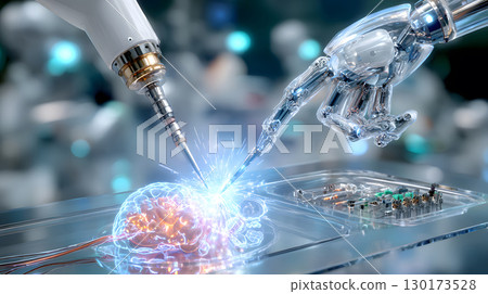 High-tech 3D render of a robotic surgery arm working in a sterile medical environment. Ideal for health tech and medical content. High-tech 3D render of a robotic surgery arm working in a sterile medical environment. Ideal for health tech and medical content. 130173528