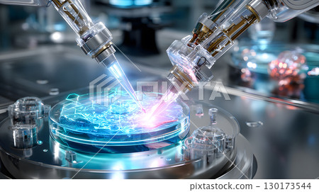 High-tech 3D render of a robotic surgery arm working in a sterile medical environment. Ideal for health tech and medical content. 130173544