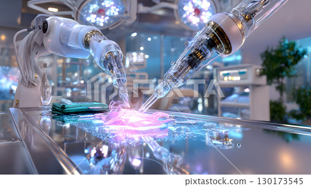 High-tech 3D render of a robotic surgery arm working in a sterile medical environment. Ideal for health tech and medical content. 130173545
