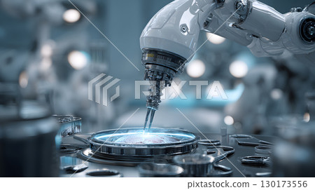 High-tech 3D render of a robotic surgery arm working in a sterile medical environment. Ideal for health tech and medical content. 130173556