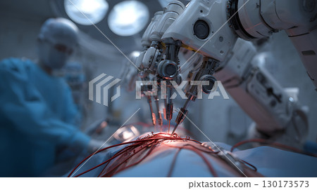 High-tech 3D render of a robotic surgery arm working in a sterile medical environment. Ideal for health tech and medical content. 130173573