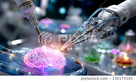 High-tech 3D render of a robotic surgery arm working in a sterile medical environment. Ideal for health tech and medical content. 130173585