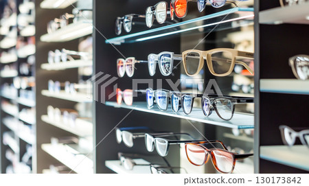 Glasses on display at an eyeglasses store 130173842