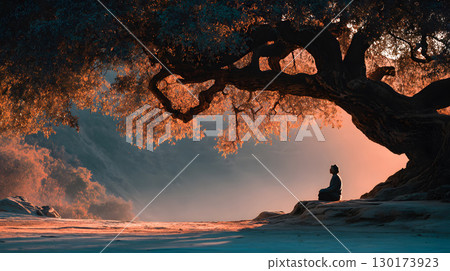 A peaceful moment of a person sitting quietly under a large tree with no devices, embracing nature. Ideal for wellness, mindfulness, and slow living themes. 130173923