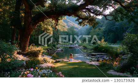A peaceful moment of a person sitting quietly under a large tree with no devices, embracing nature. Ideal for wellness, mindfulness, and slow living themes. 130173926