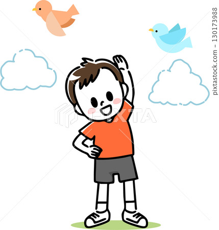 Smiling boy doing exercises energetically Smiling boy doing exercises energetically 130173988