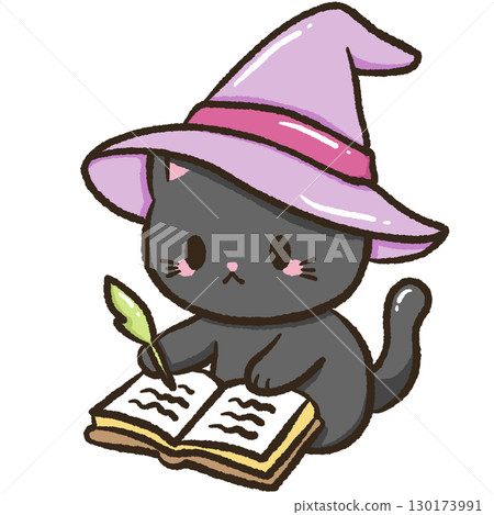 kawaii black cat wearing witch hat writing spell in grimoire book with feather pen halloween magical cute doodle cozy witchcraft familiar cartoon animal digital art illustration kawaii black cat wearing witch hat writing spell in grimoire book with feather pen halloween magical cute doodle cozy witchcraft familiar cartoon animal digital art illustration 130173991