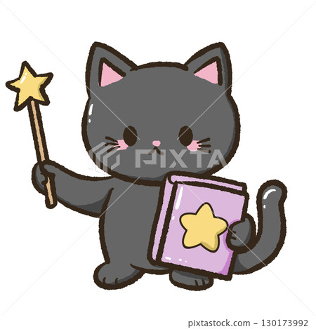 kawaii black cat wizard holding magic wand and star spellbook cute halloween witch familiar magical spell casting potion doodle kawaii animal cat lineart digital art clip art 130173992