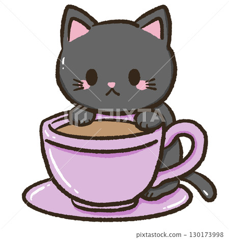Kawaii black cat in pastel teacup illustration cute cozy drink doodle design perfect for halloween journaling scrapbooking stickers tea lover crafts and magical cottagecore stationery 130173998