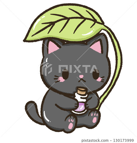 Kawaii black cat holding potion bottle under leaf umbrella cute pastel forest witch doodle for journaling scrapbooking stickers halloween spellbook pages magical woodland and potion crafts 130173999